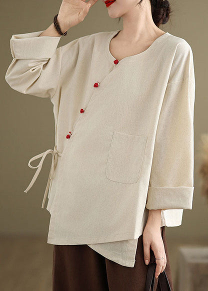 Vintage Beige O Neck Lace Up Patchwork Cotton Blouse Top Spring TJ010