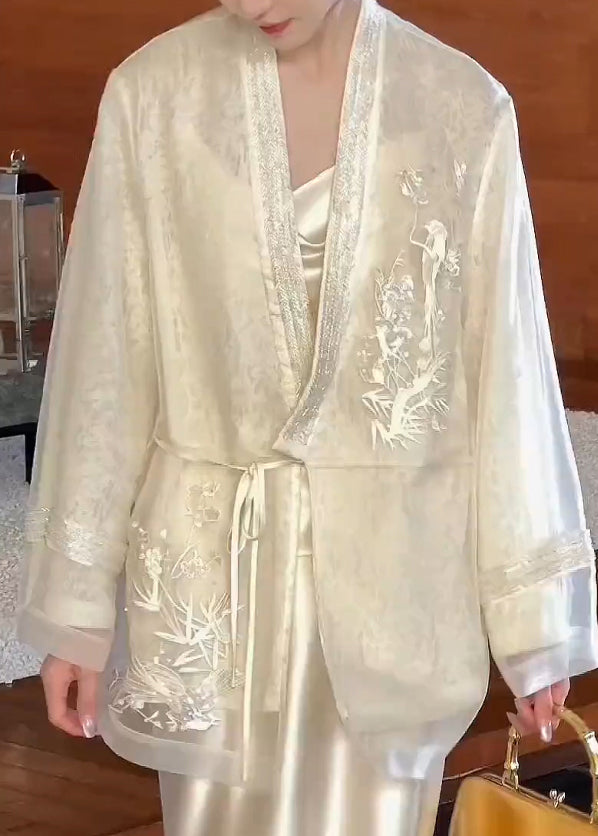 Vintage Beige V Neck Embroidered Lace Up Silk Cardigan Spring YF016