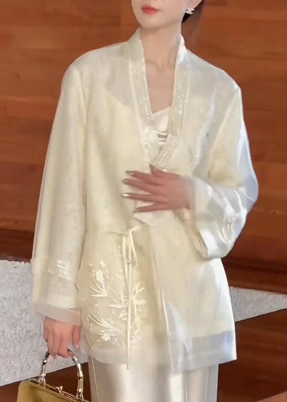 Vintage Beige V Neck Embroidered Lace Up Silk Cardigan Spring YF016