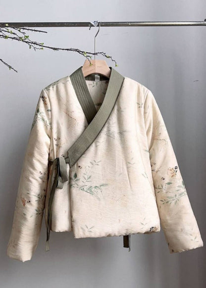 Vintage Beige V Neck Lace Up Fine Cotton Filled Coats Spring TJ030