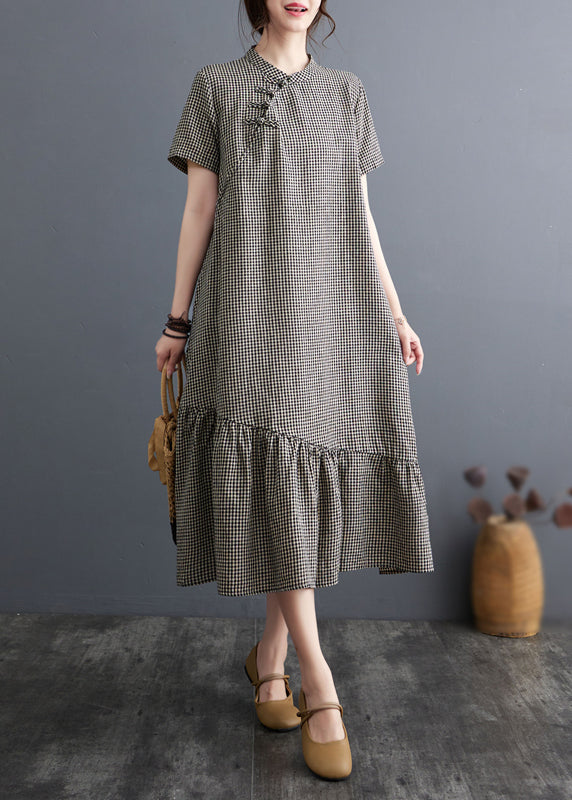 Vintage Big Plaid Stand Collar Patchwork Cotton Dress Summer AP071