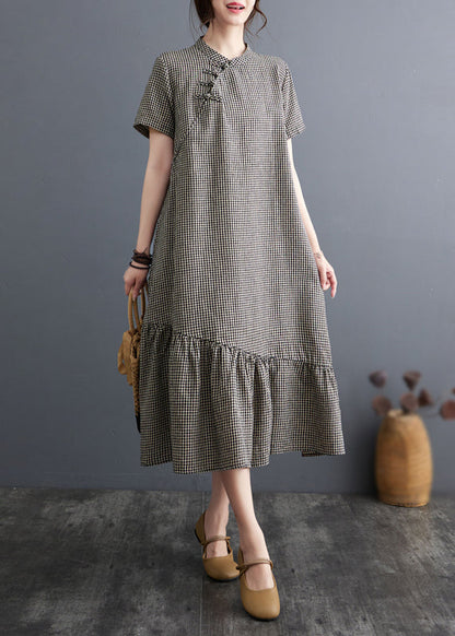 Vintage Big Plaid Stand Collar Patchwork Cotton Dress Summer AP071