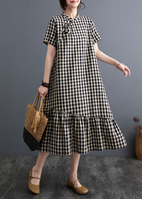 Vintage Big Plaid Stand Collar Patchwork Cotton Dress Summer AP071