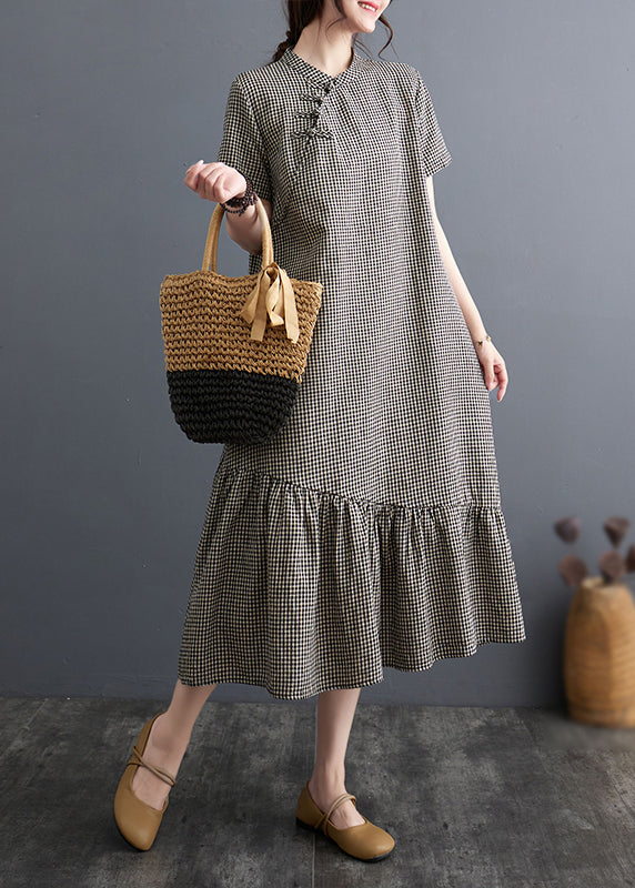 Vintage Big Plaid Stand Collar Patchwork Cotton Dress Summer AP071