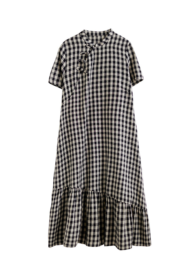 Vintage Big Plaid Stand Collar Patchwork Cotton Dress Summer AP071