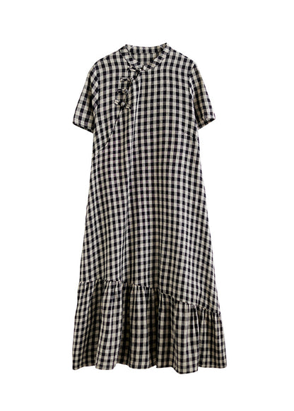 Vintage Big Plaid Stand Collar Patchwork Cotton Dress Summer AP071