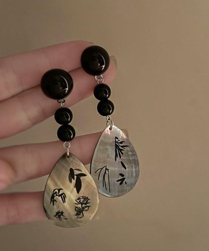 Vintage Black Acrylic Alloy Print Shell Water Drop Drop Earrings ZZ040