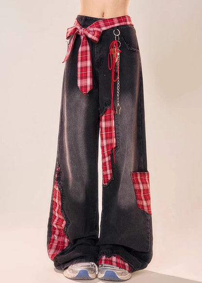 Vintage Leg Patchwork Bow Plaid Wide Black Summer Denim Pants