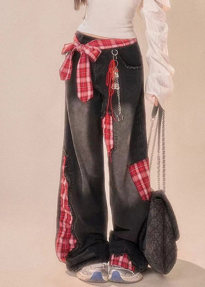 Vintage Leg Patchwork Bow Plaid Wide Black Summer Denim Pants