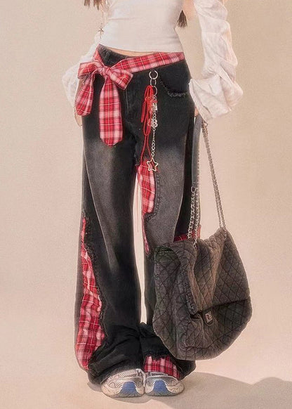 Vintage Leg Patchwork Bow Plaid Wide Black Summer Denim Pants