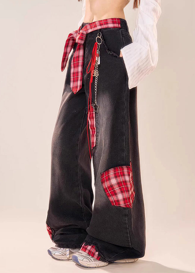 Vintage Leg Patchwork Bow Plaid Wide Black Summer Denim Pants