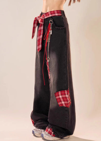 Vintage Leg Patchwork Bow Plaid Wide Black Summer Denim Pants