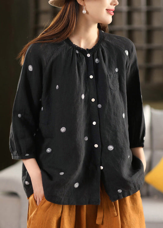 Top Button Embroidered Linen Vintage Summer Blouse Black