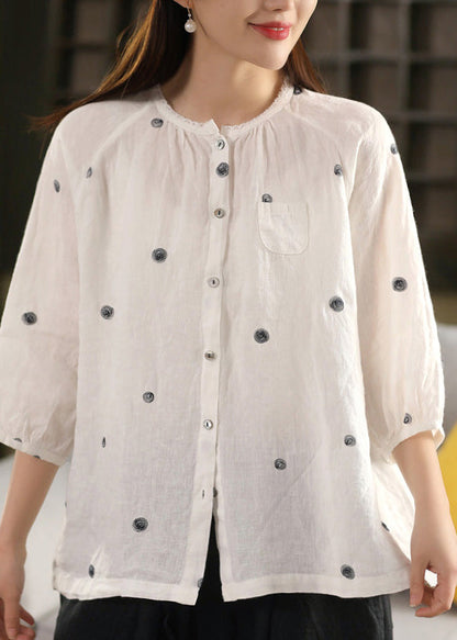Top Button Embroidered Linen Vintage Summer Blouse Black