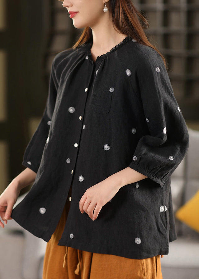 Top Button Embroidered Linen Vintage Summer Blouse Black
