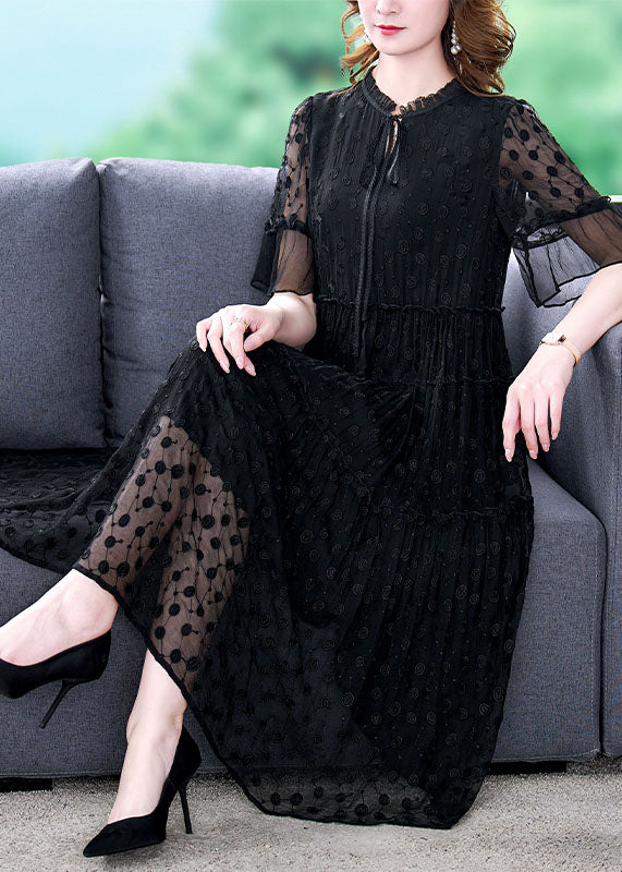 Vintage Black Embroidered Hollow Out Lace Long Dress Summer YY011