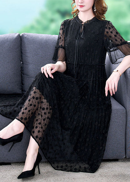 Vintage Black Embroidered Hollow Out Lace Long Dress Summer YY011
