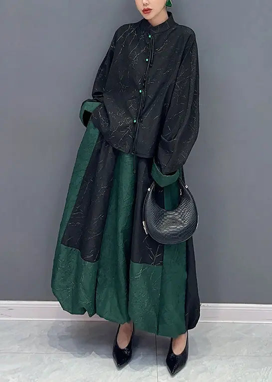 Vintage Black Green Stand Collar Tasseled Patchwork Cotton Two Piece Set Fall Ada Fashion