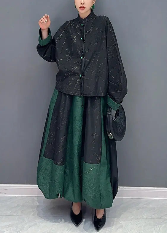 Vintage Black Green Stand Collar Tasseled Patchwork Cotton Two Piece Set Fall Ada Fashion