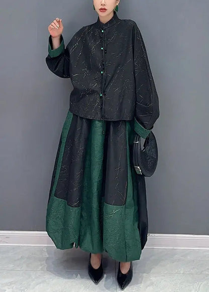 Vintage Black Green Stand Collar Tasseled Patchwork Cotton Two Piece Set Fall Ada Fashion