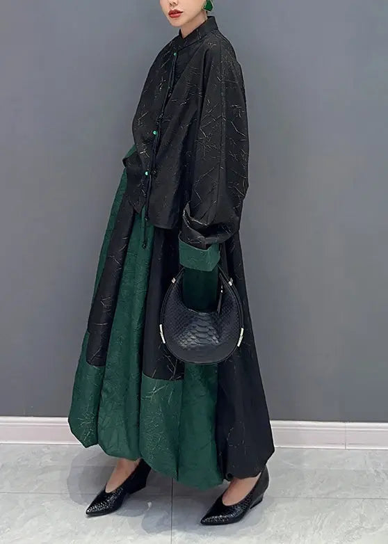 Vintage Black Green Stand Collar Tasseled Patchwork Cotton Two Piece Set Fall Ada Fashion