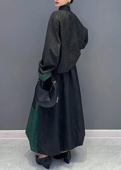 Vintage Black Green Stand Collar Tasseled Patchwork Cotton Two Piece Set Fall Ada Fashion