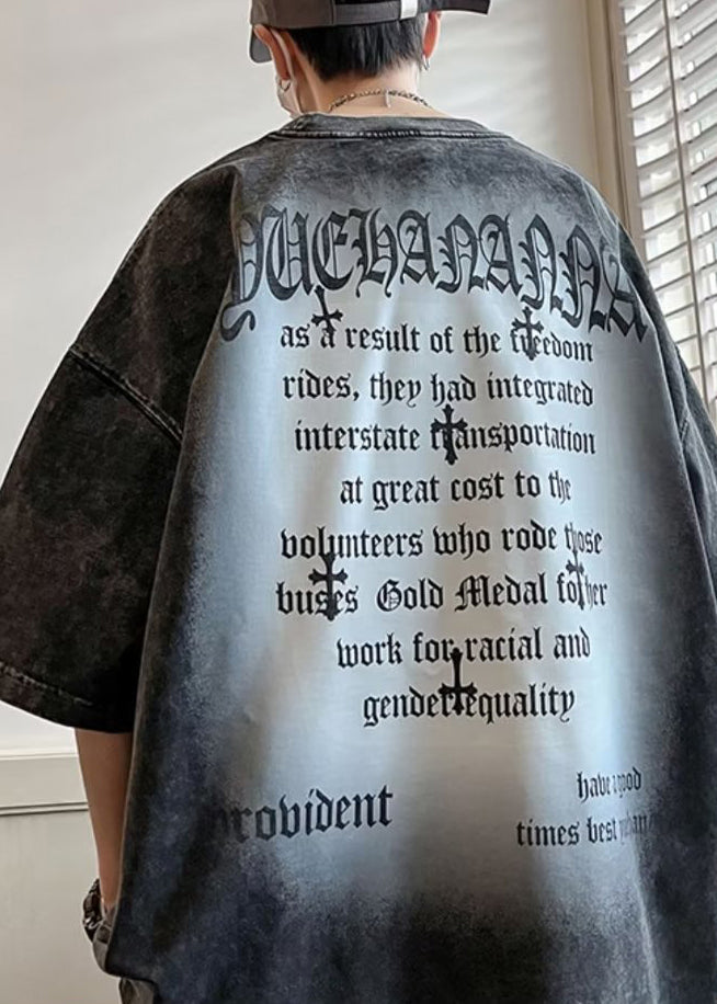 Men's Letter Half Vintage Cotton O Sleeve Black Neck Shirts T