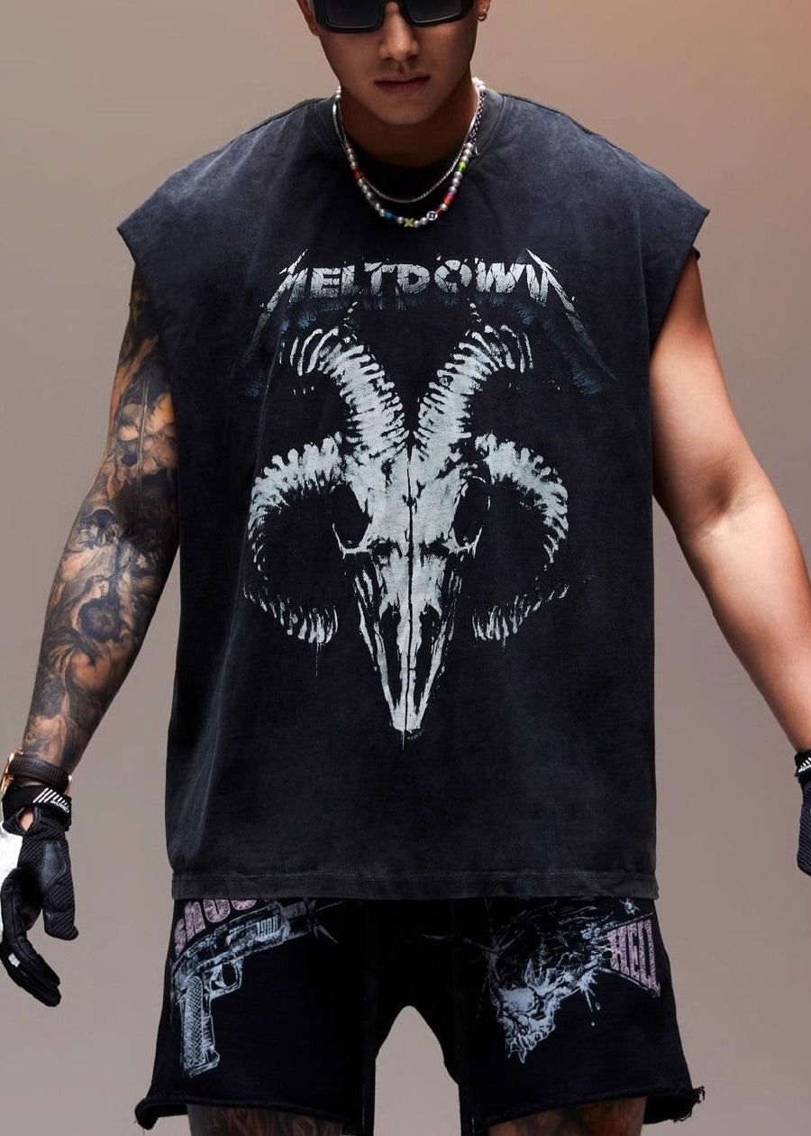 Sleeveless Men Vintage Cotton Print Letter Tank Black