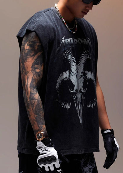 Sleeveless Men Vintage Cotton Print Letter Tank Black