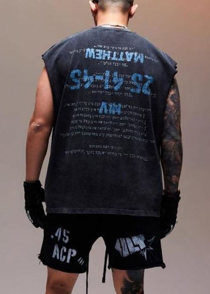 Sleeveless Men Vintage Cotton Print Letter Tank Black