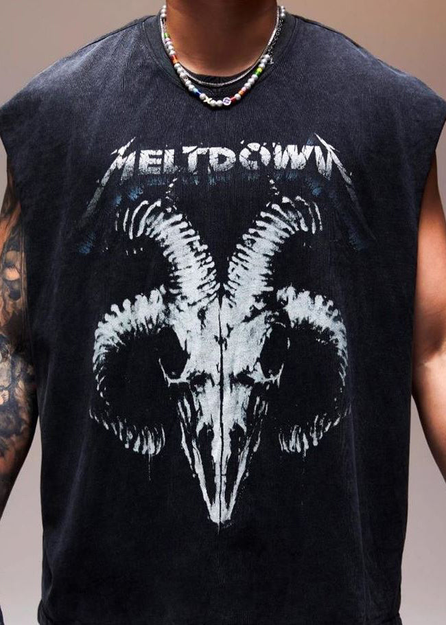 Sleeveless Men Vintage Cotton Print Letter Tank Black