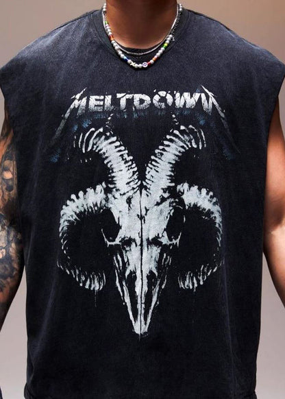 Sleeveless Men Vintage Cotton Print Letter Tank Black