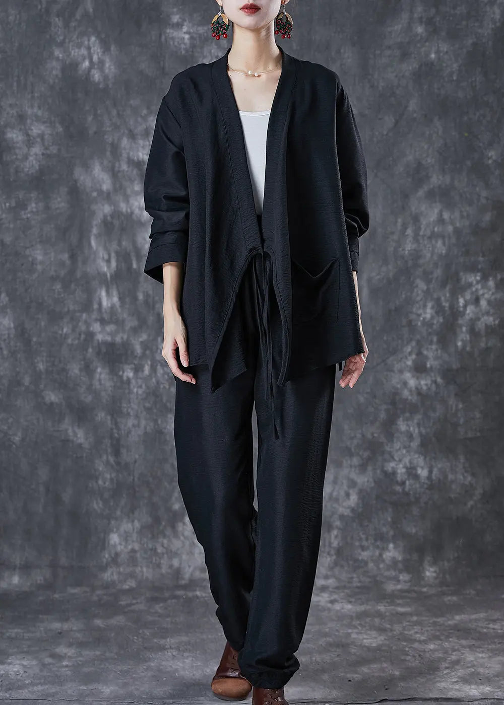 Vintage Black Oversized Tie Waist Linen Two Pieces Set Fall Ada Fashion