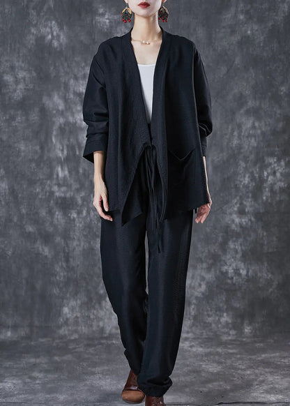 Vintage Black Oversized Tie Waist Linen Two Pieces Set Fall Ada Fashion