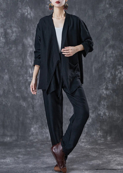 Vintage Black Oversized Tie Waist Linen Two Pieces Set Fall Ada Fashion