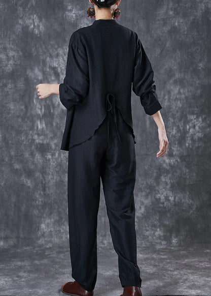 Vintage Black Oversized Tie Waist Linen Two Pieces Set Fall Ada Fashion