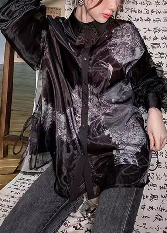 Vintage Black Peter Pan Collar Print Tulle Patchwork Silk Shirts Long Sleeve BV062