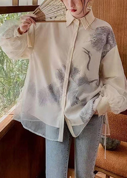 Vintage Black Peter Pan Collar Print Tulle Patchwork Silk Shirts Long Sleeve BV062