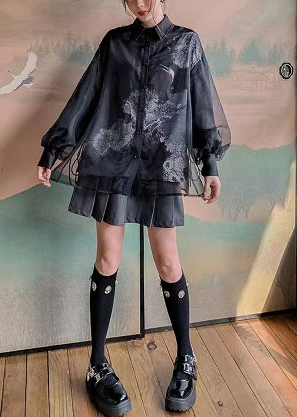 Vintage Black Peter Pan Collar Print Tulle Patchwork Silk Shirts Long Sleeve BV062
