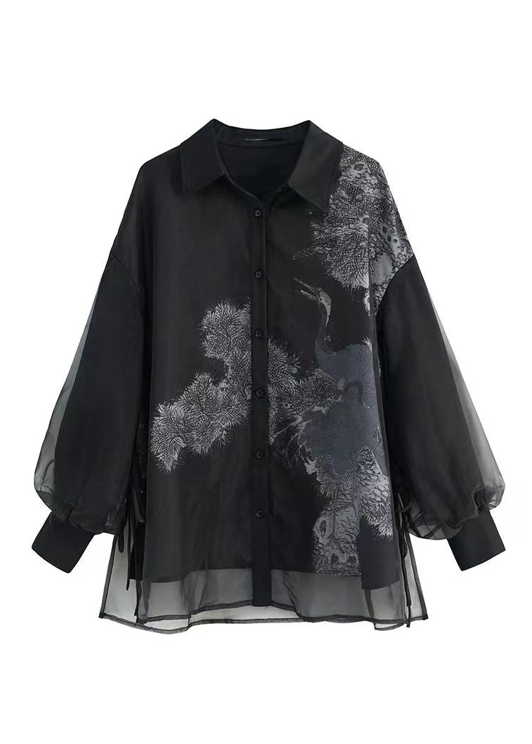 Vintage Black Peter Pan Collar Print Tulle Patchwork Silk Shirts Long Sleeve BV062