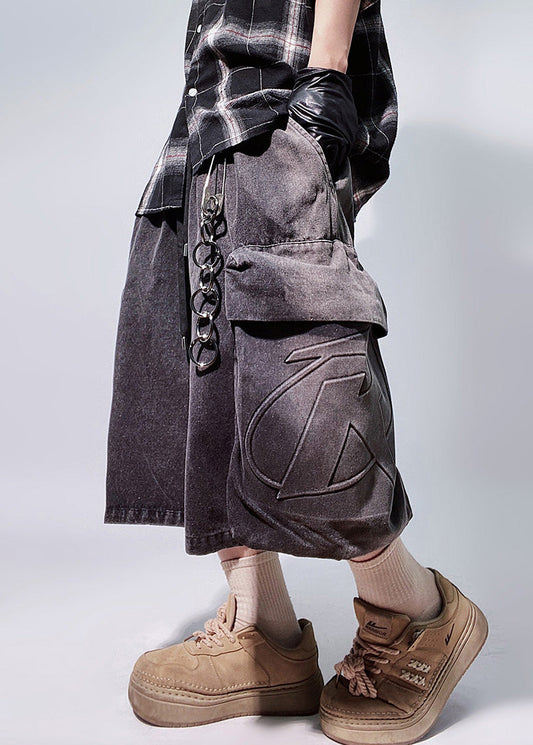 Elastic Waist Black Denim Shorts Oversized Men Pockets Vintage