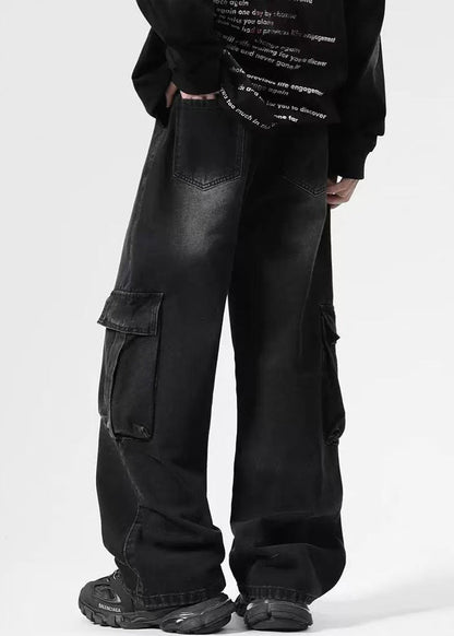 Vintage High Mens Denim Pockets Pants Black Spring Waist