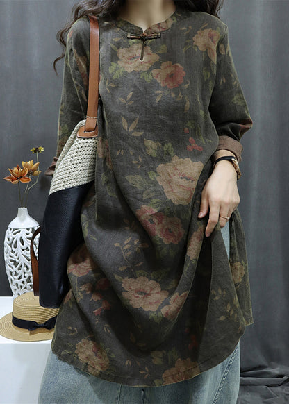 Linen Print Sleeve Button Black Dress Bracelet Shirts Vintage