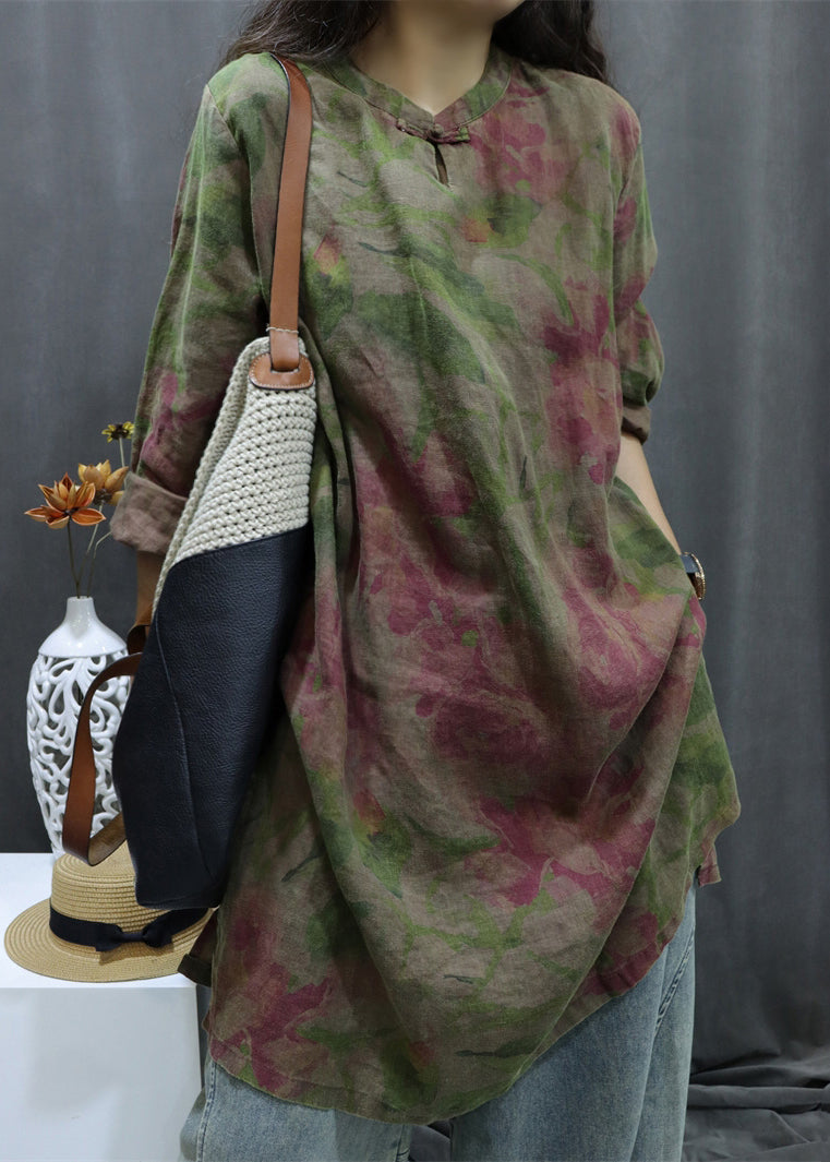 Linen Print Sleeve Button Black Dress Bracelet Shirts Vintage