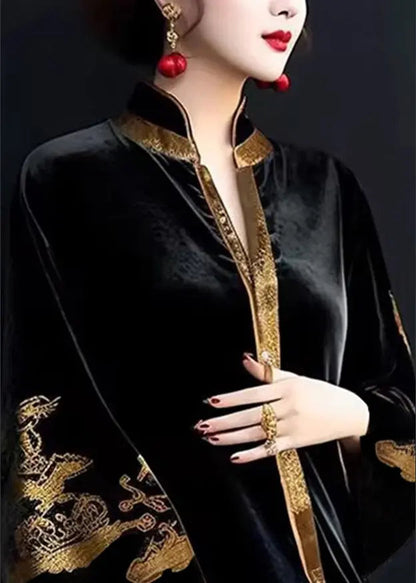 Vintage Black V Neck Print Patchwork Silk Velour Long Dresses Fall Ada Fashion