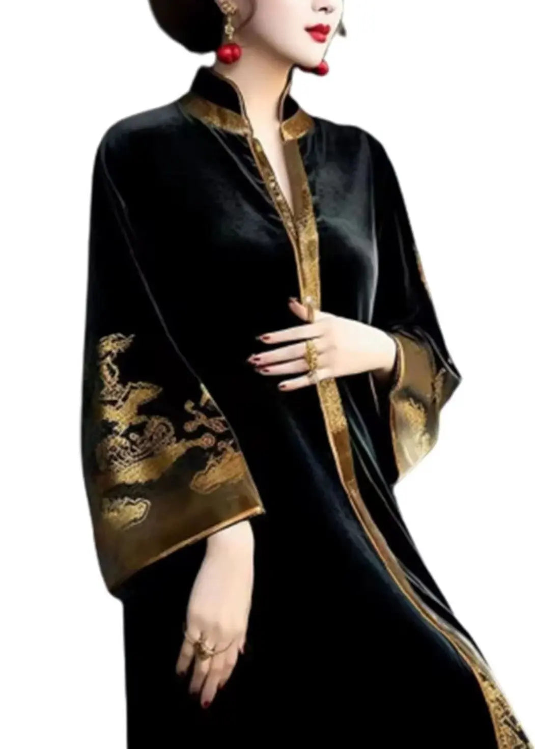 Vintage Black V Neck Print Patchwork Silk Velour Long Dresses Fall Ada Fashion