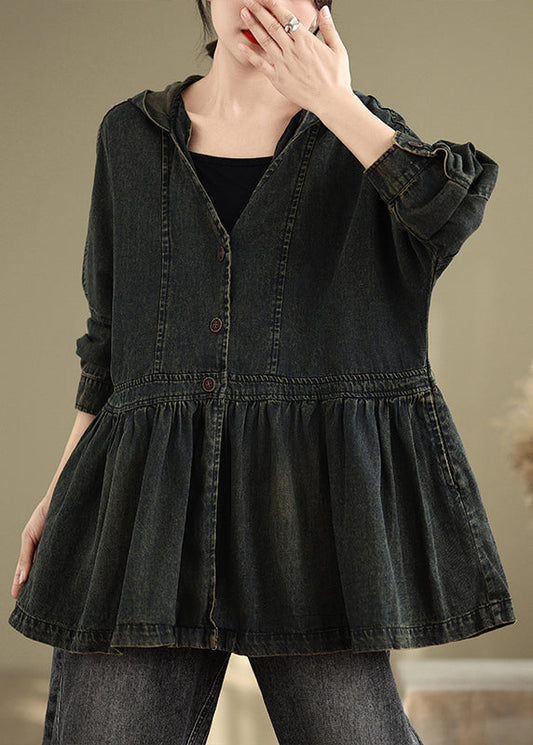V Hooded Neck Pockets Vintage Wrinkled Coats Denim Black Fall