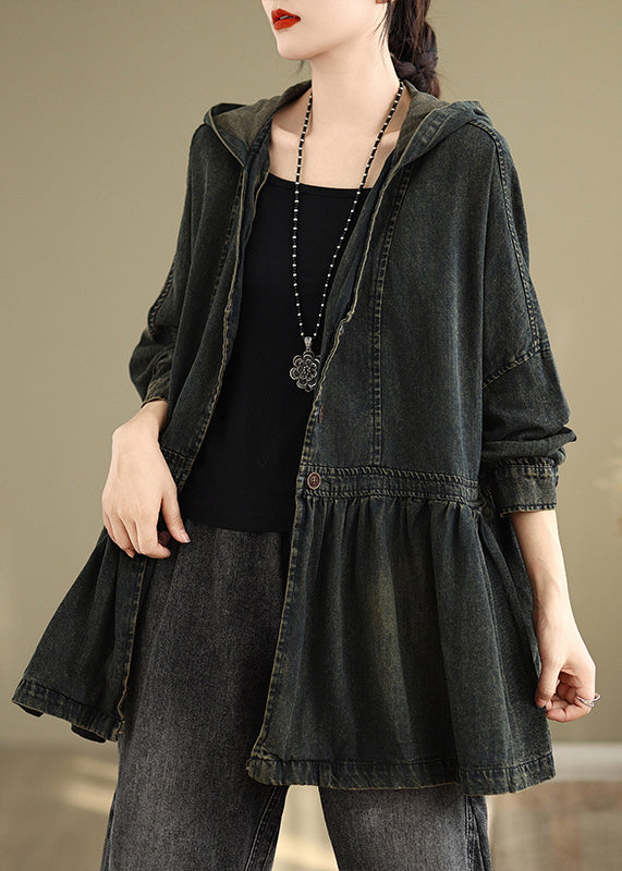 V Hooded Neck Pockets Vintage Wrinkled Coats Denim Black Fall