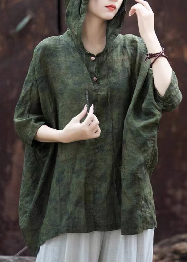 Vintage Blackish Green Print Button Hooded Top Summer AP031