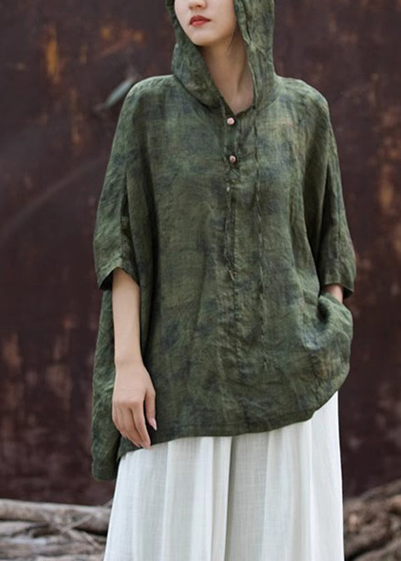 Vintage Blackish Green Print Button Hooded Top Summer AP031